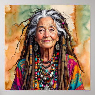 Cool Old Lady in Dread Locks Hippie Woman Poster