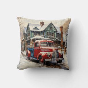 Cool Old Red Truck at the Winter Cottage Throw Pillow