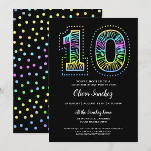 Cool on Black Fun 10th Birthday Party Invitation
