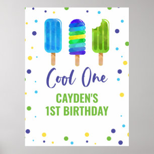 Cool One 1st Birthday Ice Pop Blue Green Poster