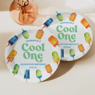 Cool One Blue Retro Popsicle 1st Birthday Party Paper Plate