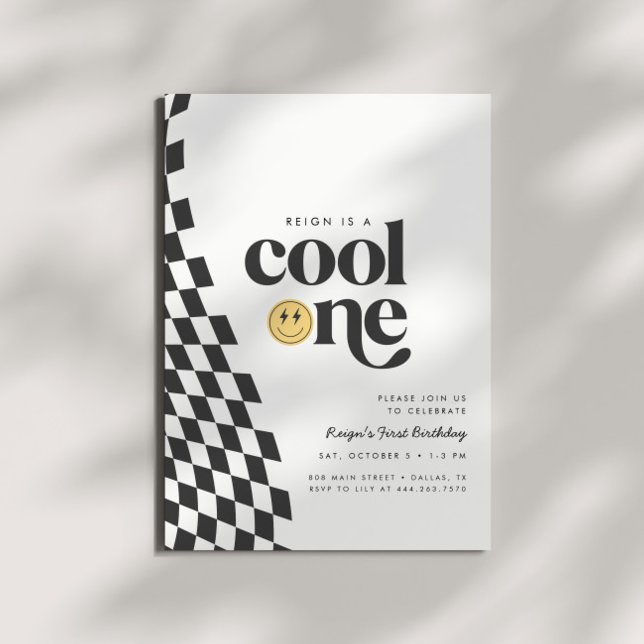 Cool One Boy's First Birthday Chequered Retro Invitation (Creator Uploaded)