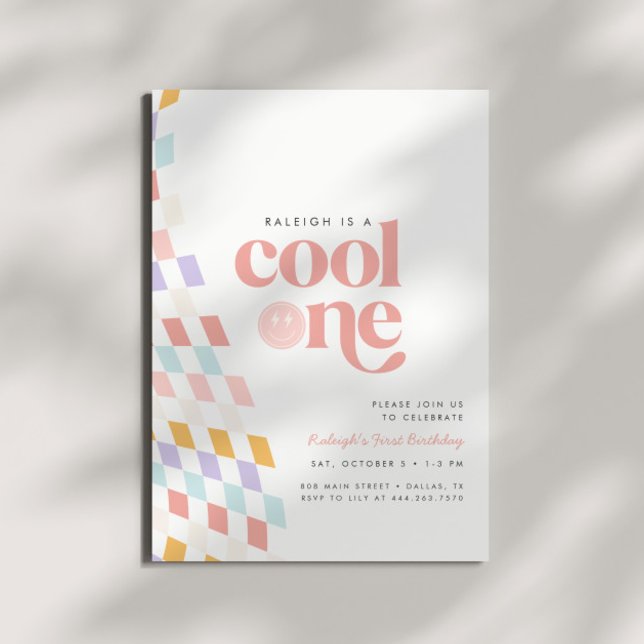 Cool One Girl's First Birthday Chequered Retro Invitation (Creator Uploaded)