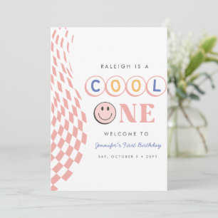Cool One Girl's First Birthday Chequered Retro Invitation