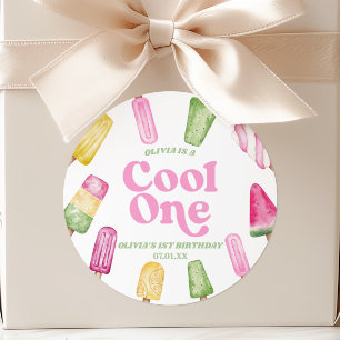 Cool One Pink Retro Popsicle 1st Birthday Party Classic Round Sticker