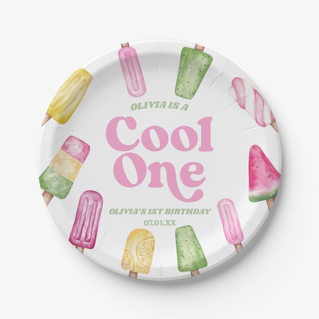 Cool One Pink Retro Popsicle 1st Birthday Party Paper Plate (Front)