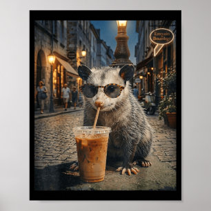 Cool Opossum Drinking Iced Coffee Funny Night Poster
