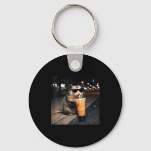 Cool opossum drinking iced milk coffee men women keychain