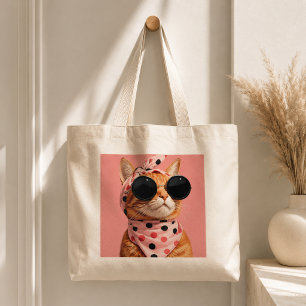 Cool Orange Cat in Retro Polka Dot Bandana Large Tote Bag