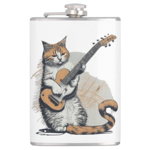 Cool Orange Cat Jamming on the Guitar  Hip Flask