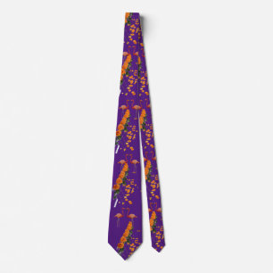 COOL ORANGE ROSES & FLAMINGO BIRDS PURPLE NECK TIE