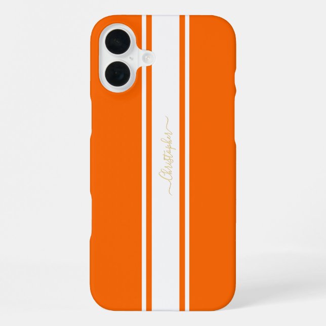 Cool Orange White Racing Stripes Gold Monogrammed iPhone Case (Back)