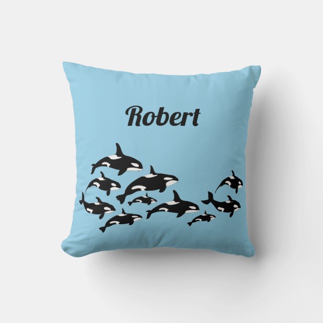 Cool Orca Whales Personalised Blue Throw Pillow (Front)