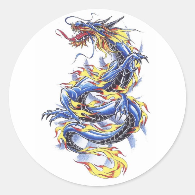 Cool Oriental Blue Dragon button Classic Round Sticker (Front)