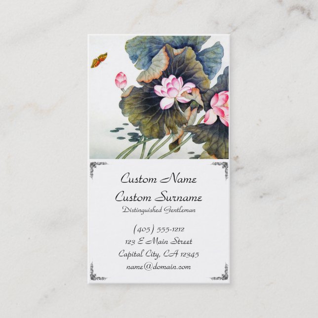 Cool oriental chinese beautiful lotus leaf butterf business card (Front)