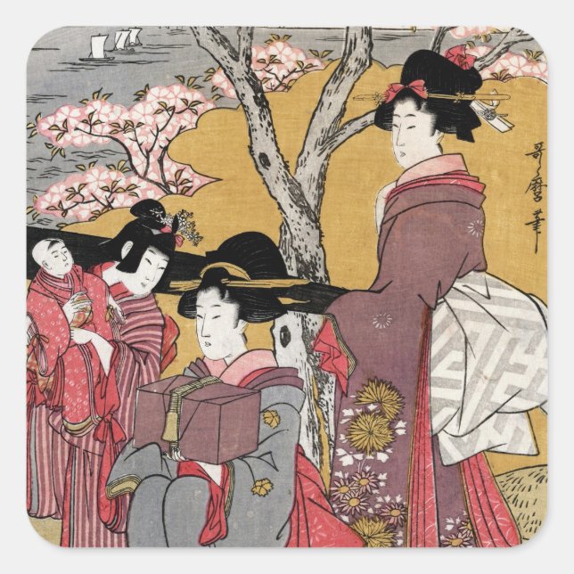 Cool oriental japanese classic geisha lady art square sticker (Front)