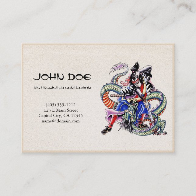 Cool oriental japanese dragon samurai fight tattoo business card (Front)