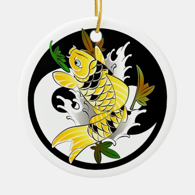 Cool Oriental Japanese Gold Koi Ying Yang tattoo Ceramic Ornament (Front)