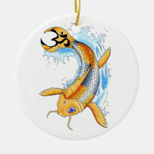 Cool Oriental Japanese Gold Lucky Koi tattoo Ceramic Ornament