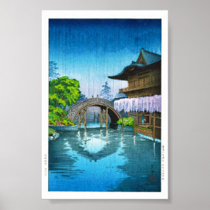 Cool oriental japanese Kameido Shrine lake rain Poster