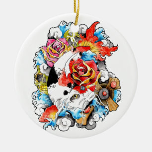 Cool Oriental Japanese Koi Carp Fish Flowers Ceramic Ornament