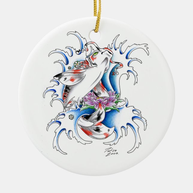 Cool Oriental Japanese Koi Carp Water tattoo Ceramic Ornament (Front)