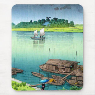 Cool oriental japanese scenery river side rain art mouse pad