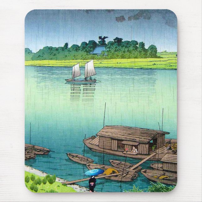 Cool oriental japanese scenery river side rain art mouse pad (Front)