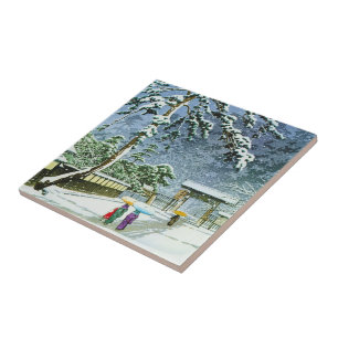 Cool oriental japanese watercolor Honmonji Temple Tile