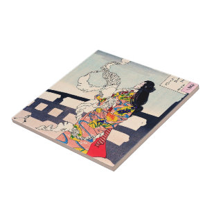 Cool oriental japanese woodprint geisha art tile