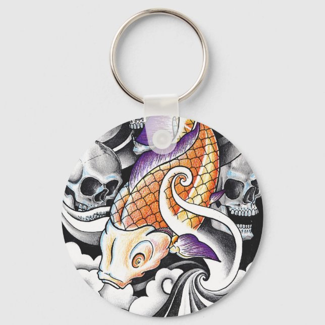 Cool Oriental Koi Carp Skull tattoo Keychain (Front)