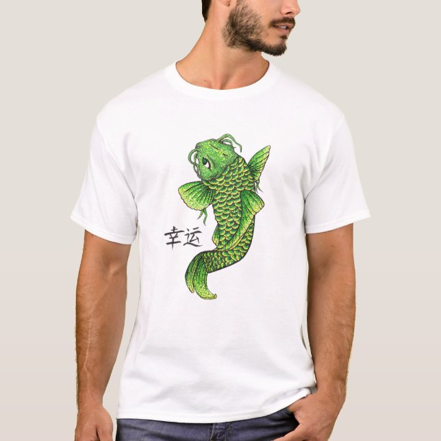 Cool Oriental Lucky Green Koi Fish Carp T-Shirt (Front)
