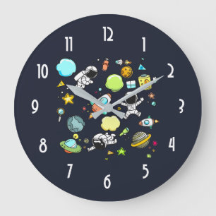 Cool Outer Space Astronauts & Rockets Pattern Large Clock