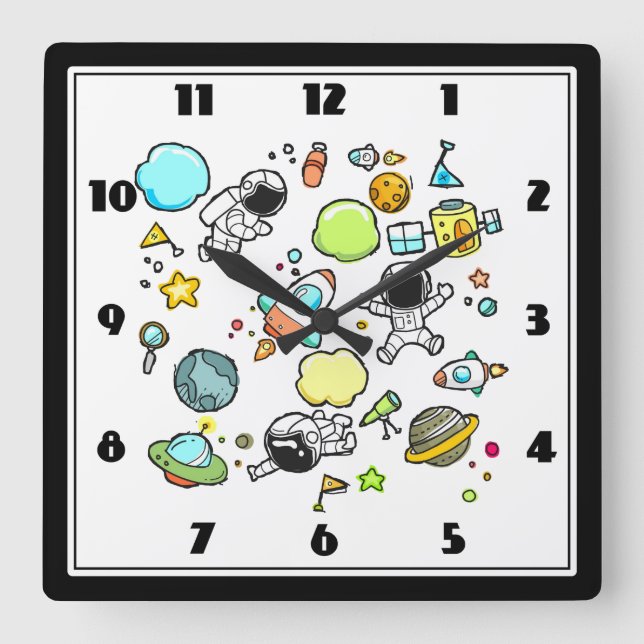 Cool Outer Space Astronauts & Rockets Pattern Square Wall Clock (Front)