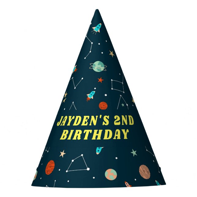 Cool Outer Space Rockets Planets Pattern Birthday Party Hat (Front)