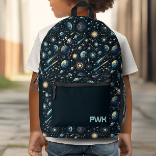 Cool Outer Space Themed Custom Monogram Initials Printed Backpack