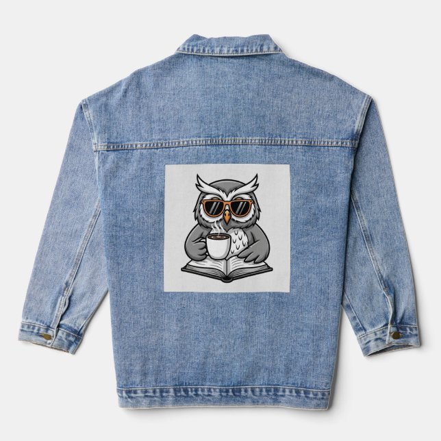 Cool Owl Reading With Coffee Denim Jacket (Back)