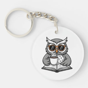 Cool Owl Reading With Coffee Keychain
