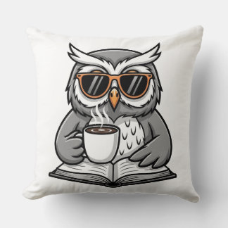 Cool Owl Reading With Coffee Throw Pillow