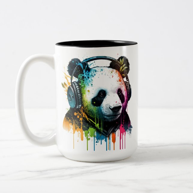 Cool Panda Bear Wearing Headphones! Two-Tone Coffee Mug (Left)