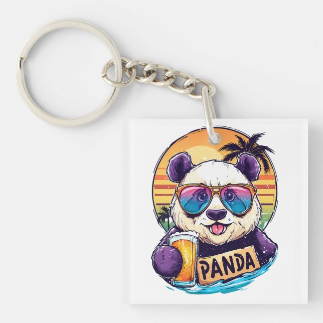 Cool Panda: Retro Summer & Beer Vibes Keychain (Front)