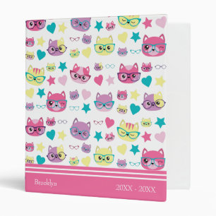 Cool Pastel Cats With Glasses Pattern, Pink Binder