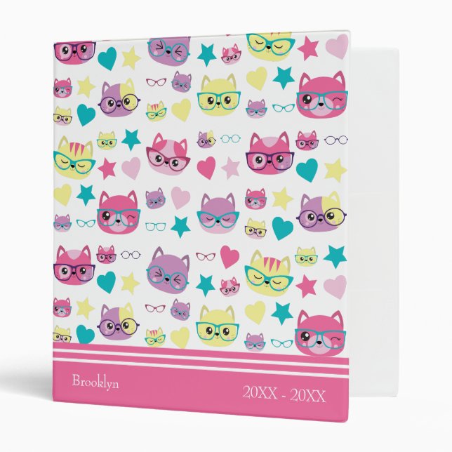 Cool Pastel Cats With Glasses Pattern, Pink Binder (Front/Inside)