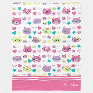 Cool Pastel Cats With Glasses Pattern, Pink Fleece Blanket