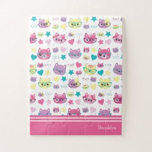 Cool Pastel Cats With Glasses Pattern, Pink Jigsaw Puzzle