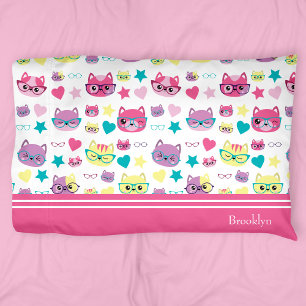 Cool Pastel Cats With Glasses Pattern, Pink Pillowcase