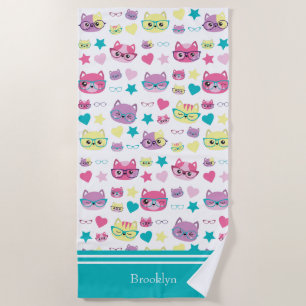 Cool Pastel Cats With Glasses Pattern, Teal Beach Towel