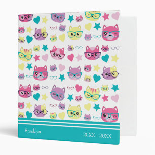 Cool Pastel Cats With Glasses Pattern, Teal Binder
