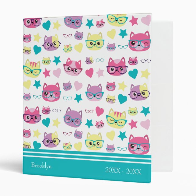 Cool Pastel Cats With Glasses Pattern, Teal Binder (Front/Inside)