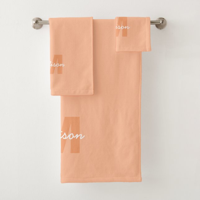 Cool pastel peach colour with Custom Monogram name Bath Towel Set (Insitu)